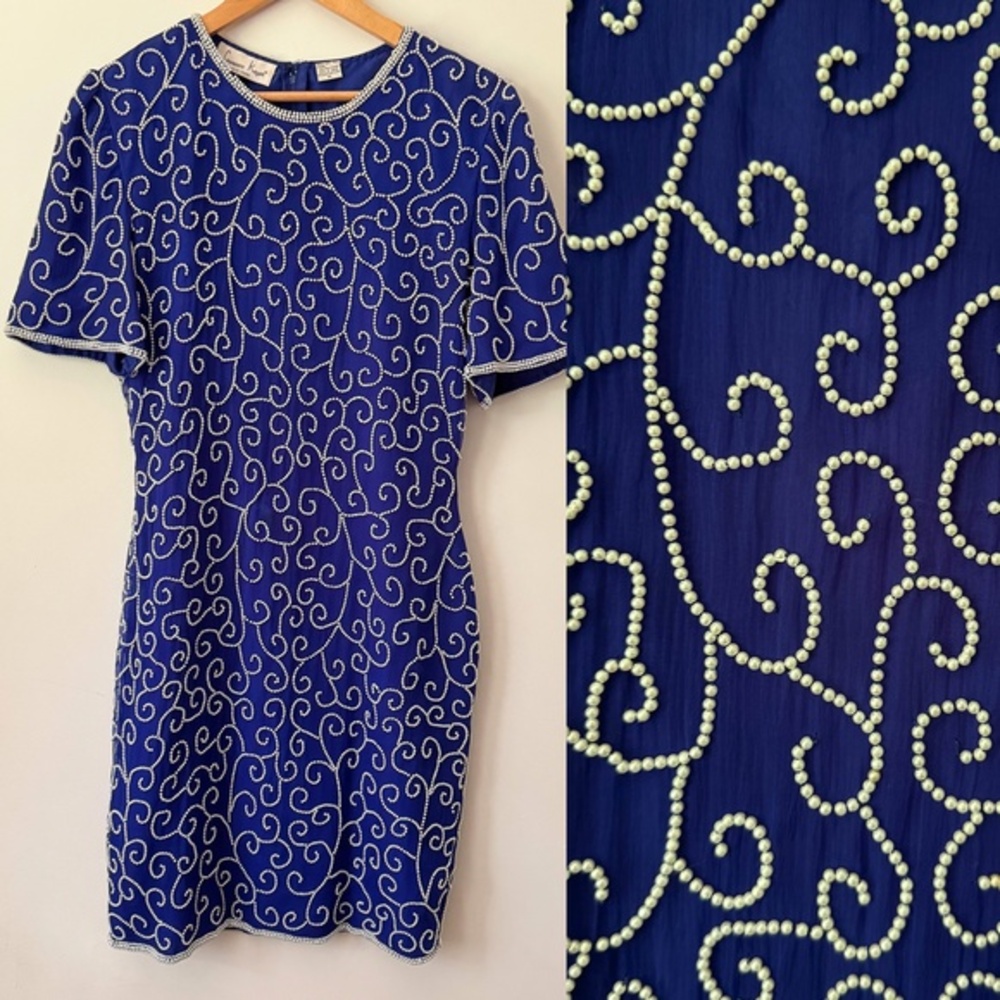 Vintage 90s Laurence Kazar Silk Mini Dress M Blue Pearl Party Holiday Wedding